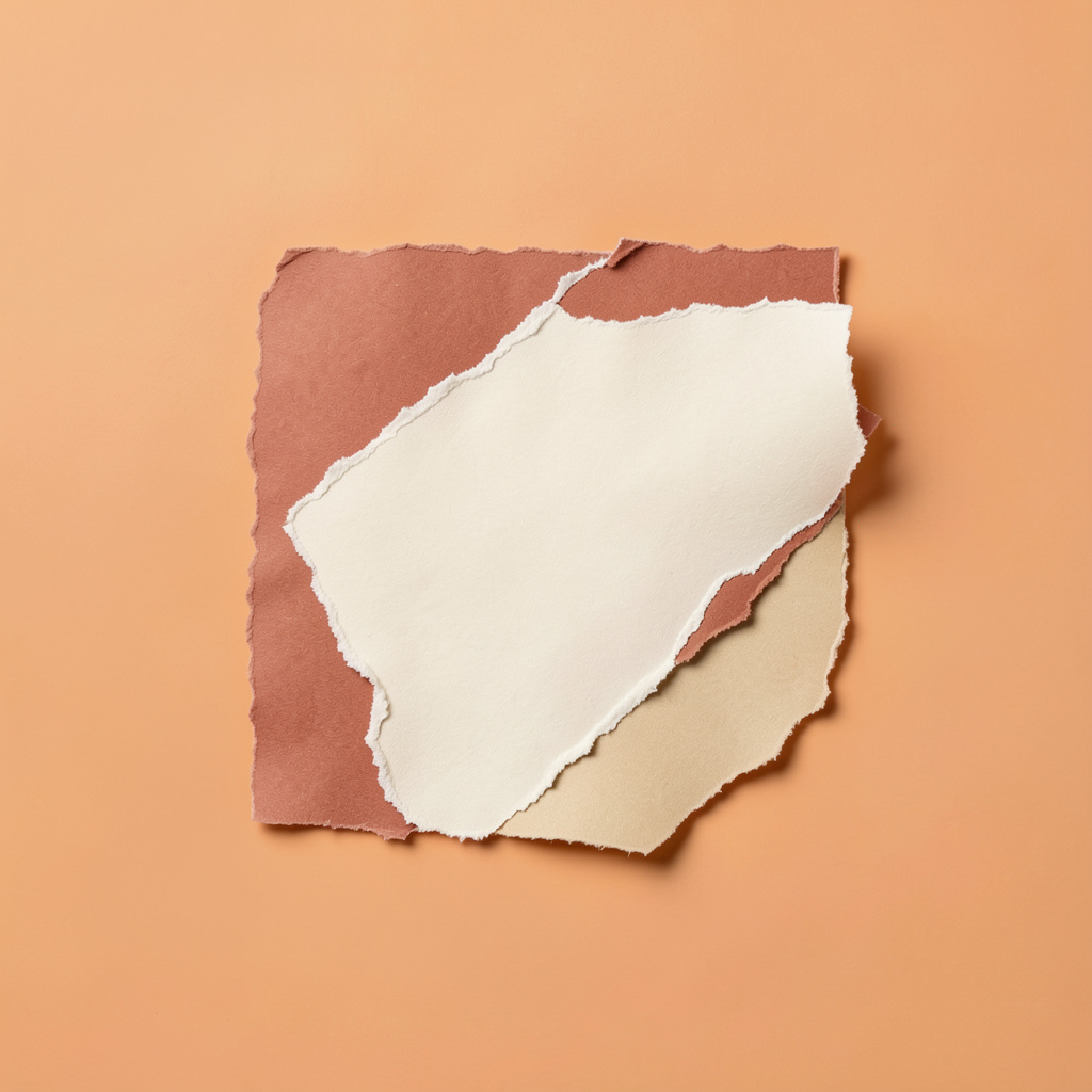 A studio photograph of torn paper edges layered in a collage, muted terracotta and cream tones