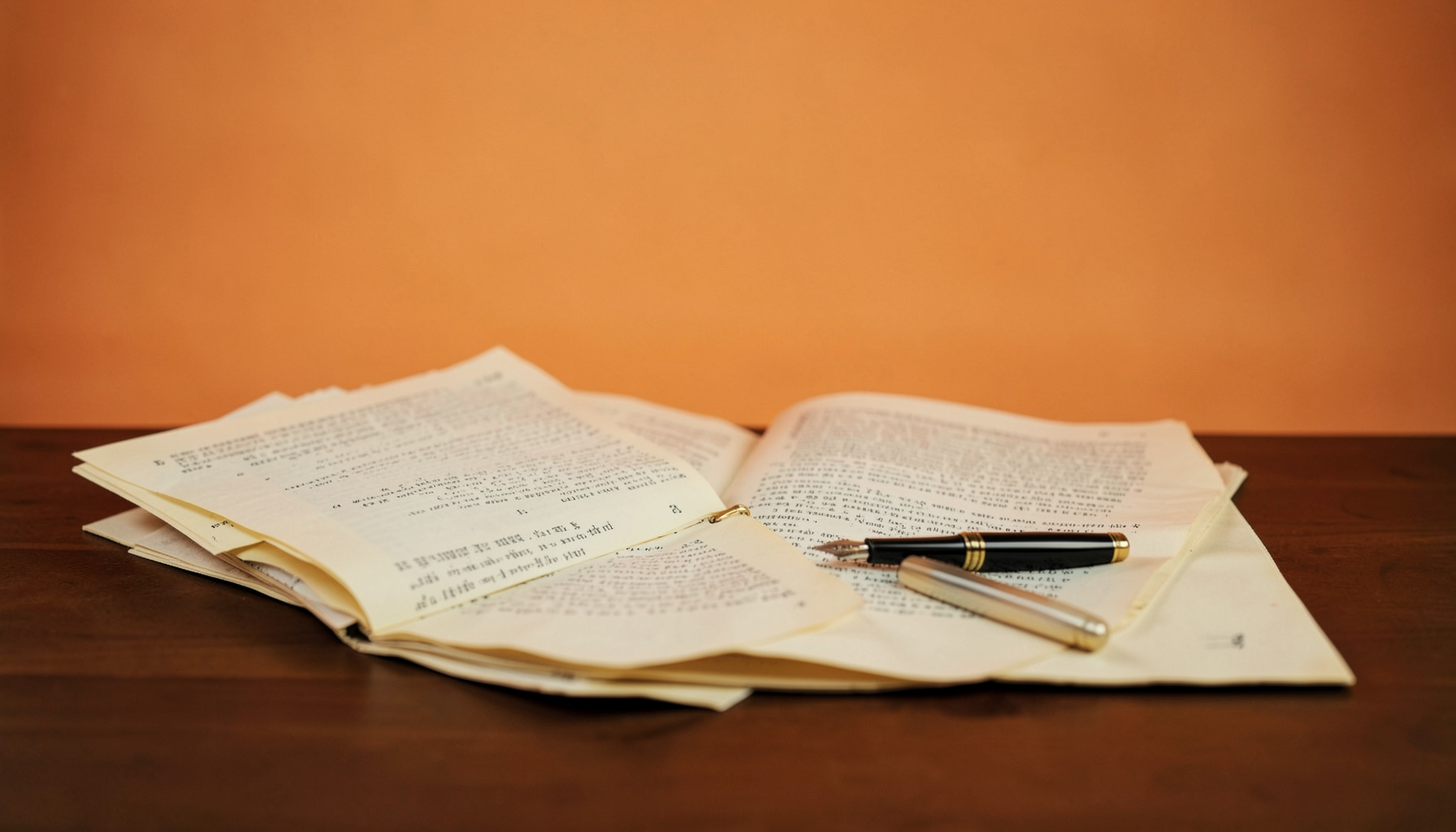 A softly lit writing desk with scattered manuscript pages, an open notebook, and a fountain pen resting on cream-toned paper, warm ivory and charcoal mood