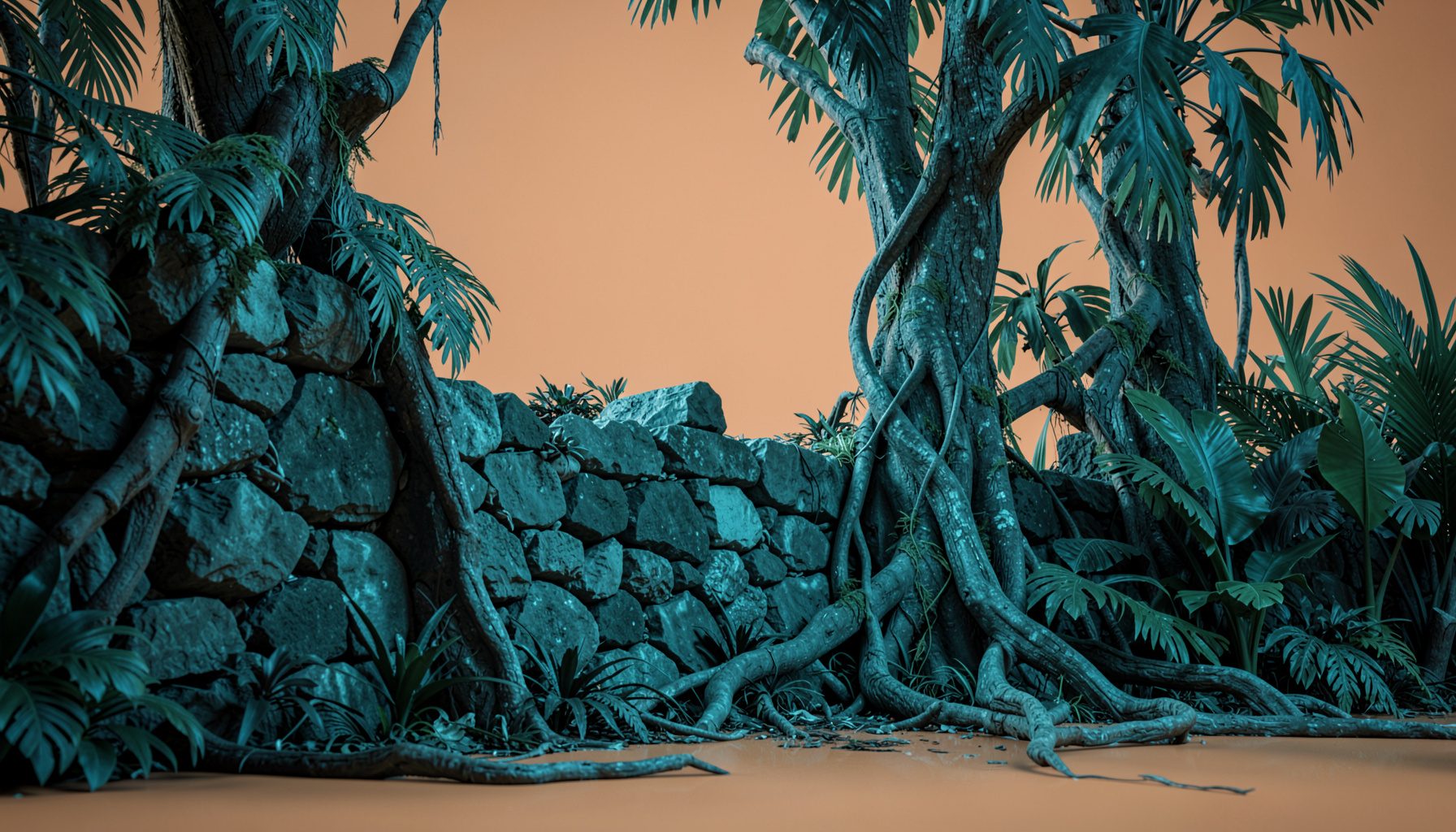 Stylized teal-toned image of a stone wall beside tree roots and tropical foliage, cool mysterious mood