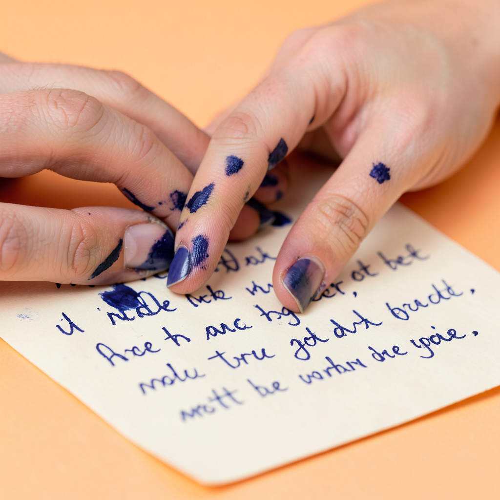 A close-up studio photograph of ink-stained fingertips resting on a handwritten poem, soft cream paper and deep indigo ink, intimate and contemplative mood
