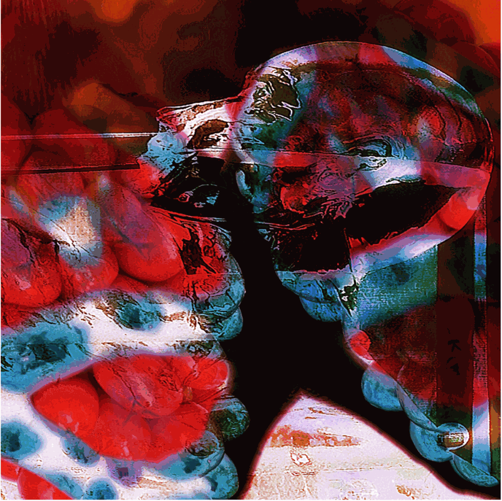 Abstract double-exposure style image blending a skull-like profile with clusters of red and blue spherical shapes, surreal and biological